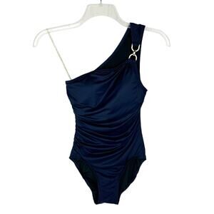 Michael Michael Kors Navy Blue Gold One Shoulder Ruched One Piece Swimsuit Sz 4